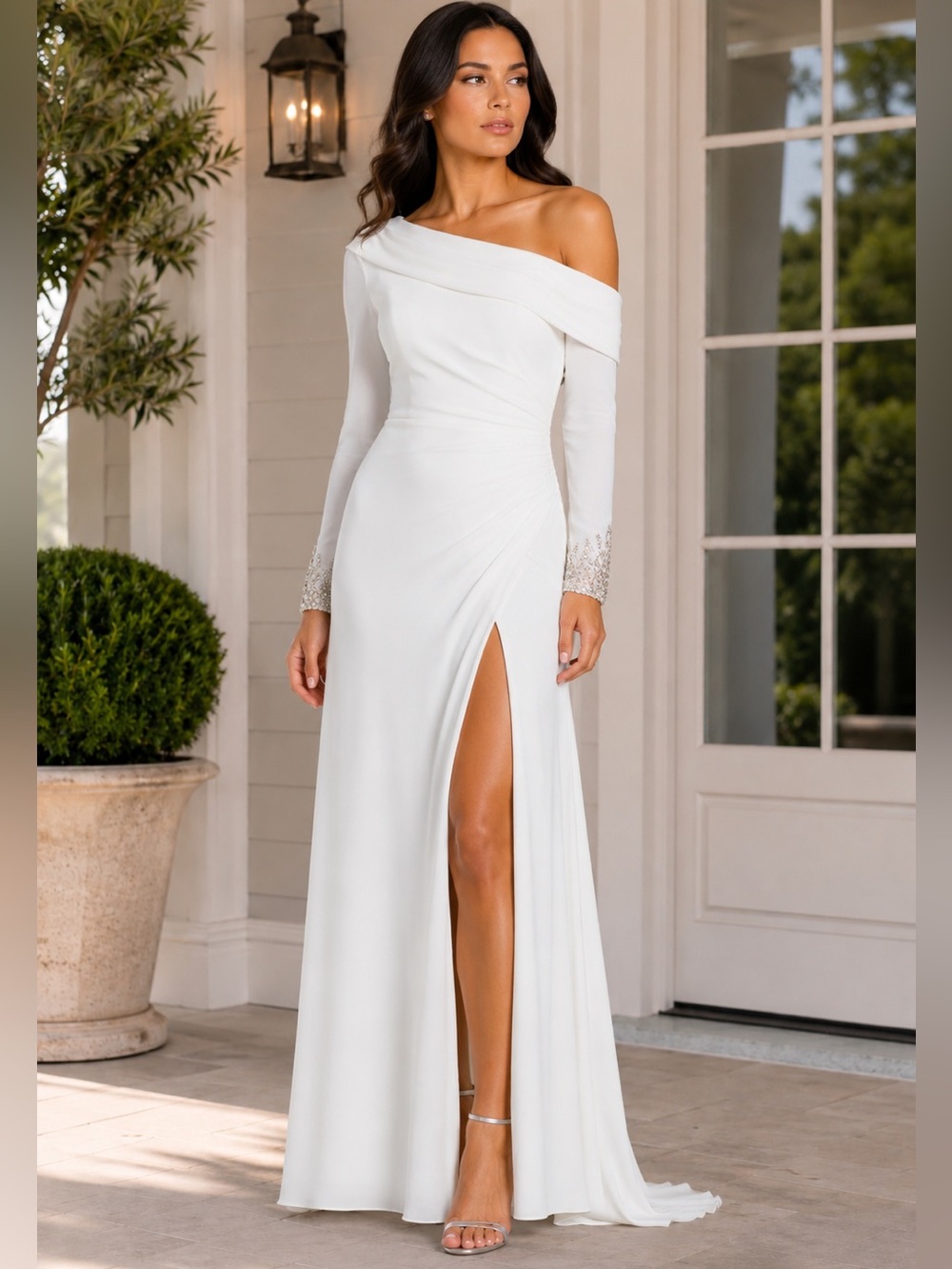 Mac Duggal 12231 White Beaded Cuff Off Shoulder Gown Size 0
